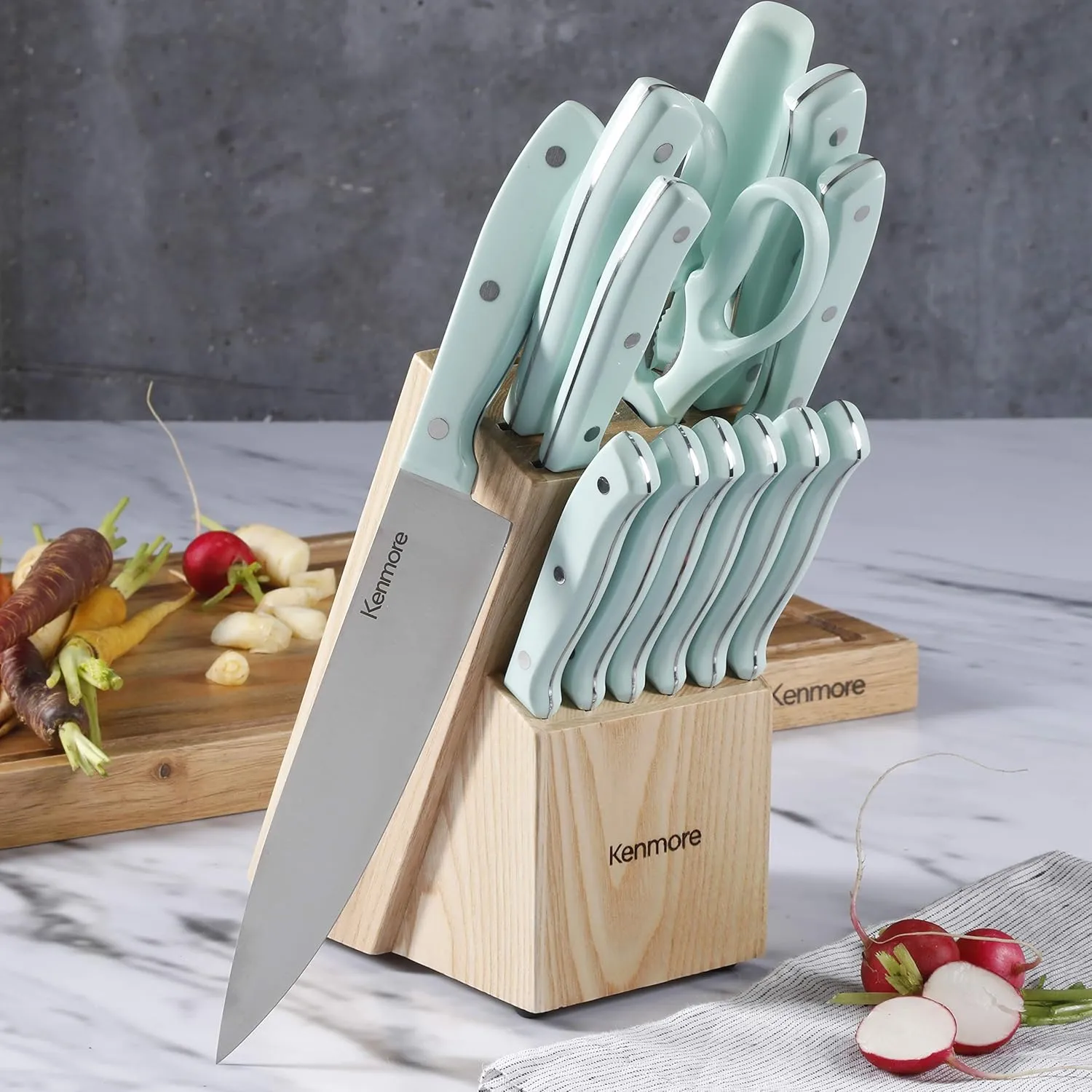 Kenmore Kane Stainless Steel Stamped Triple-Riveted Knife Block Set, 14-Piece, Glacier Blue