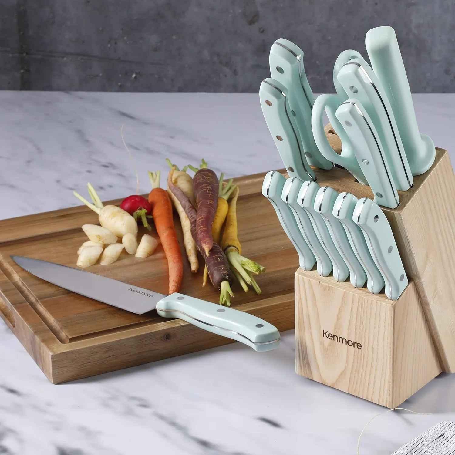 Kenmore Kane Stainless Steel Stamped Triple-Riveted Knife Block Set, 14-Piece, Glacier Blue