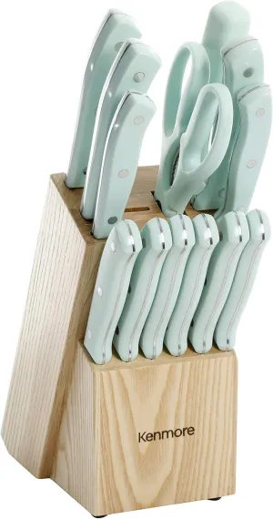 Kenmore Kane Stainless Steel Stamped Triple-Riveted Knife Block Set, 14-Piece, Glacier Blue