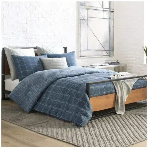 Kenneth Cole New York | Holden Grid Collection | Comforter Set-100% Cotton Twill, Reversible, Breathable Bedding for All Seasons, Includes Matching Shams, Queen, Indigo