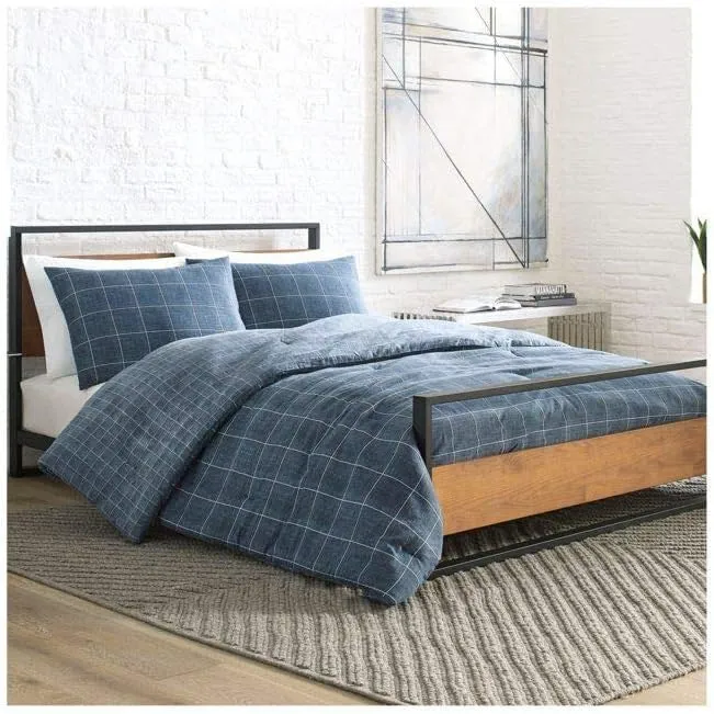 Kenneth Cole New York | Holden Grid Collection | Comforter Set-100% Cotton Twill, Reversible, Breathable Bedding for All Seasons, Includes Matching Shams, Queen, Indigo