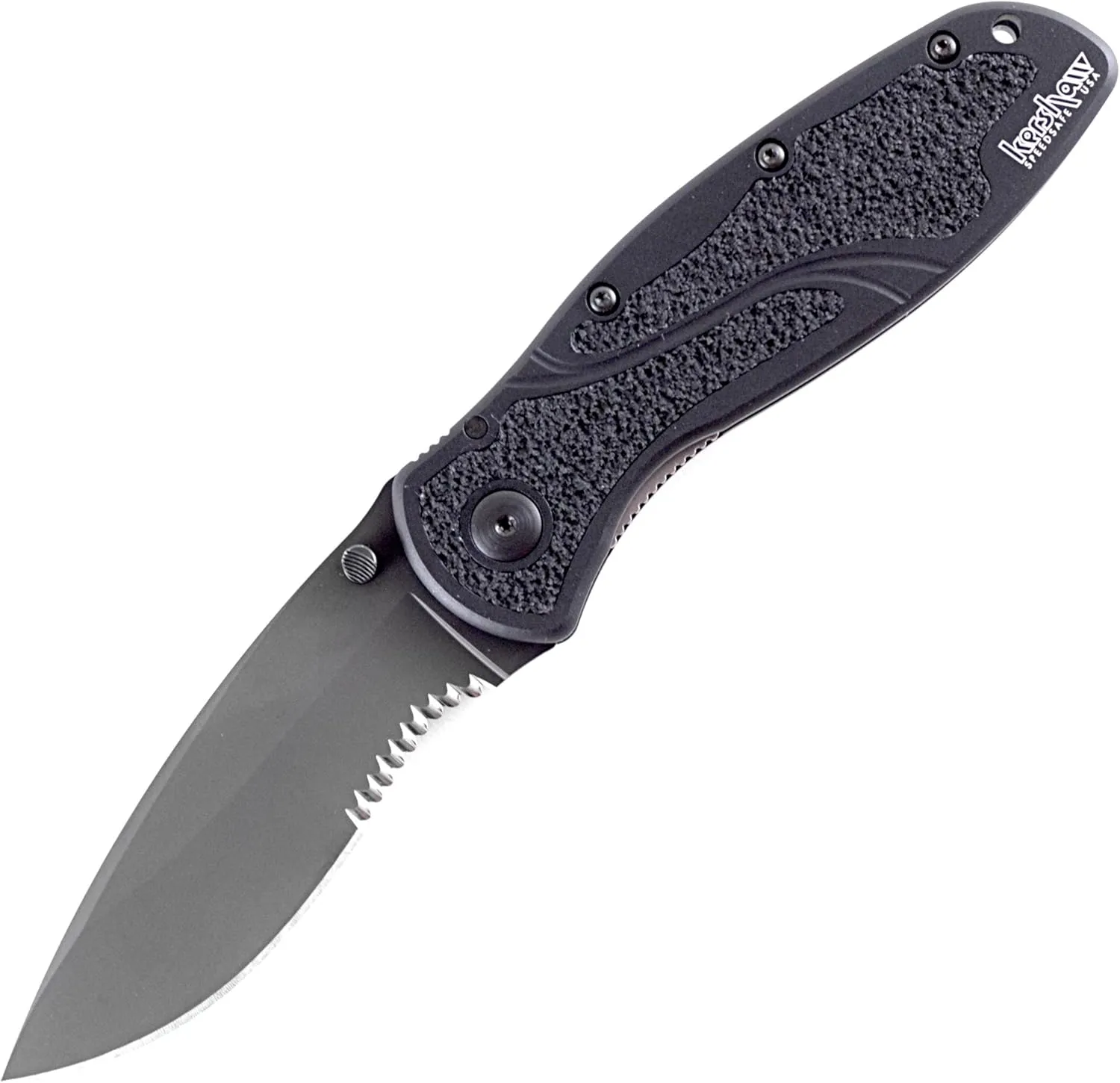 Kershaw Blur,Black Serrated(1670BLKST); Folding Knife with All-Black Body,Partially Serrated 3.4” 14C28N Steel Blade,Anodized Aluminum Handle with Trac-Tec Grip,Reversible Pock lip; 3.9OZ