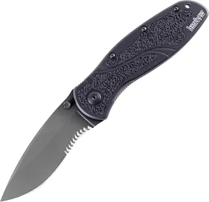 Kershaw Blur,Black Serrated(1670BLKST); Folding Knife with All-Black Body,Partially Serrated 3.4” 14C28N Steel Blade,Anodized Aluminum Handle with Trac-Tec Grip,Reversible Pock lip; 3.9OZ