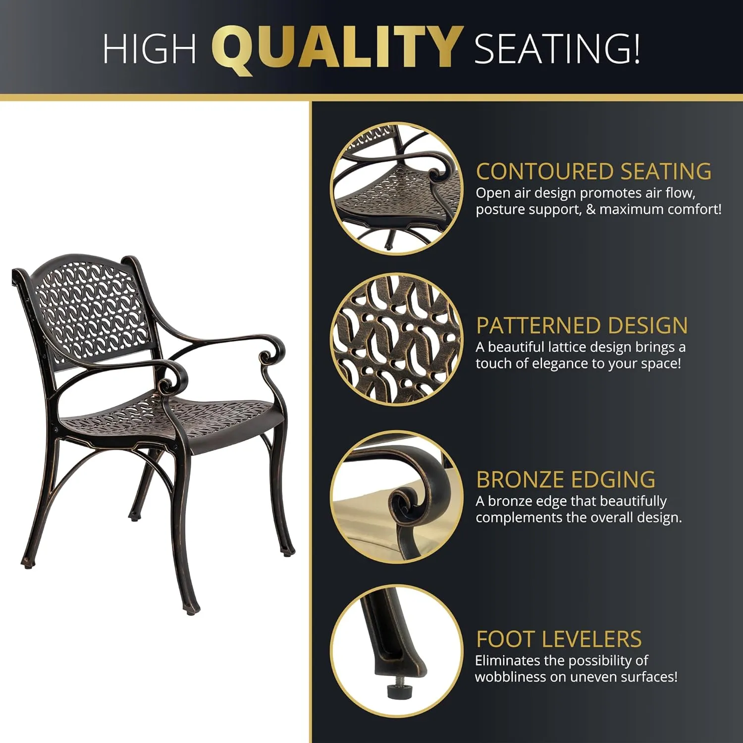 Kinger Home 5-Piece Cast Aluminum Outdoor Dining Furniture Set for 4, Round Patio Table and Chairs for 4 with Cushions, Outdoor Furniture Set with Umbrella Hole, All-Weather Patio Dining Set