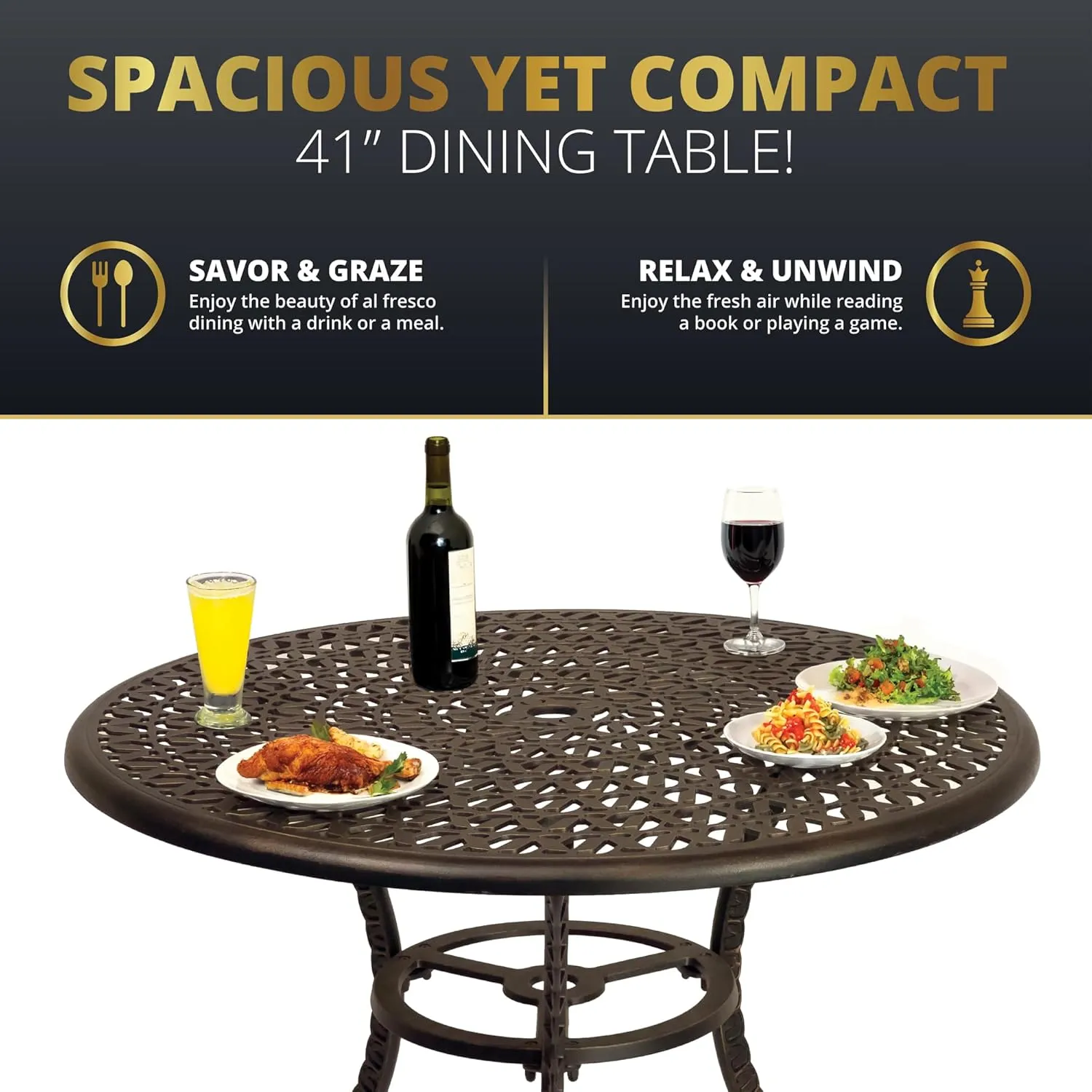 Kinger Home 5-Piece Cast Aluminum Outdoor Dining Furniture Set for 4, Round Patio Table and Chairs for 4 with Cushions, Outdoor Furniture Set with Umbrella Hole, All-Weather Patio Dining Set