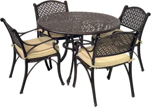 Kinger Home 5-Piece Cast Aluminum Outdoor Dining Furniture Set for 4, Round Patio Table and Chairs for 4 with Cushions, Outdoor Furniture Set with Umbrella Hole, All-Weather Patio Dining Set