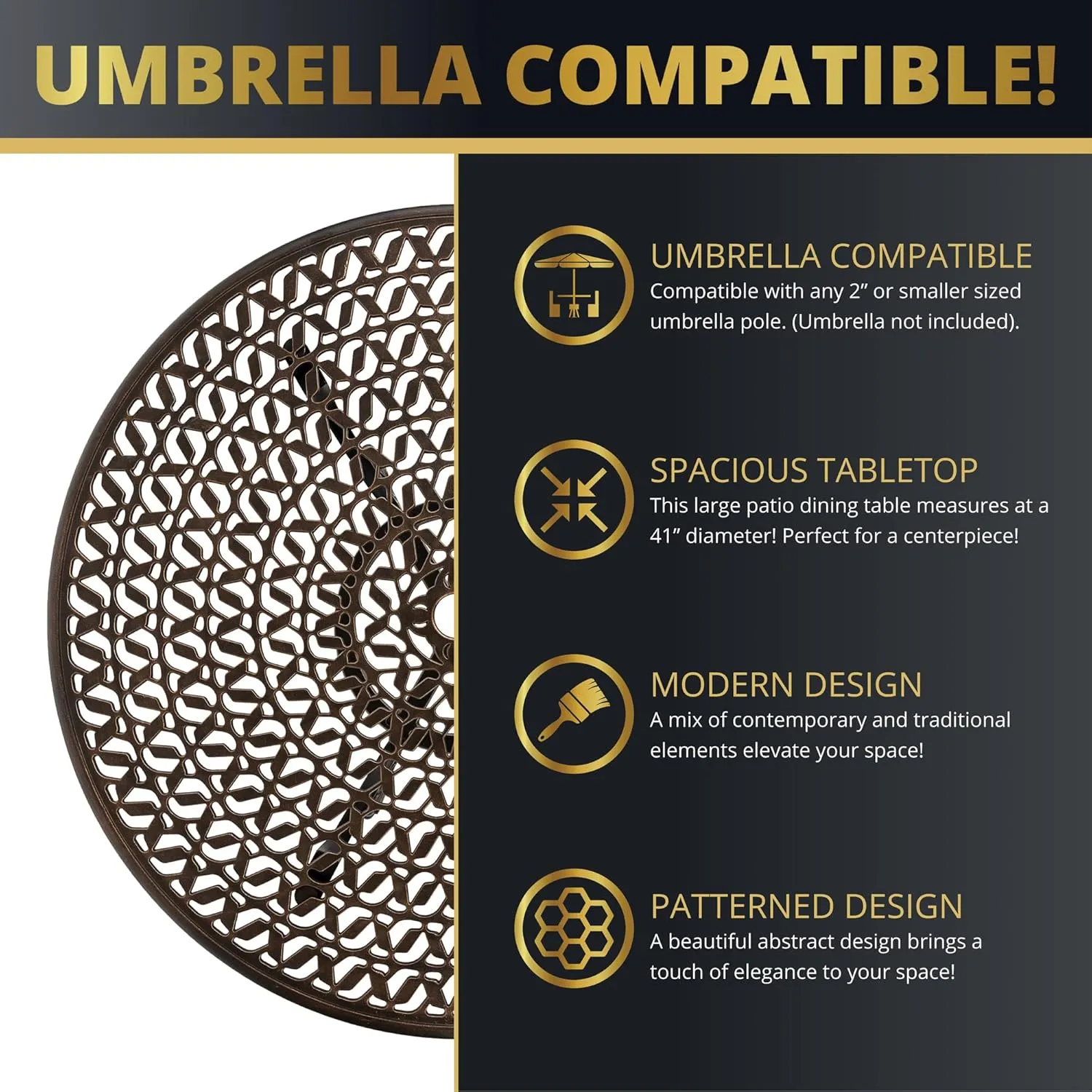 Kinger Home 5-Piece Cast Aluminum Outdoor Dining Furniture Set for 4, Round Patio Table and Chairs for 4 with Cushions, Outdoor Furniture Set with Umbrella Hole, All-Weather Patio Dining Set