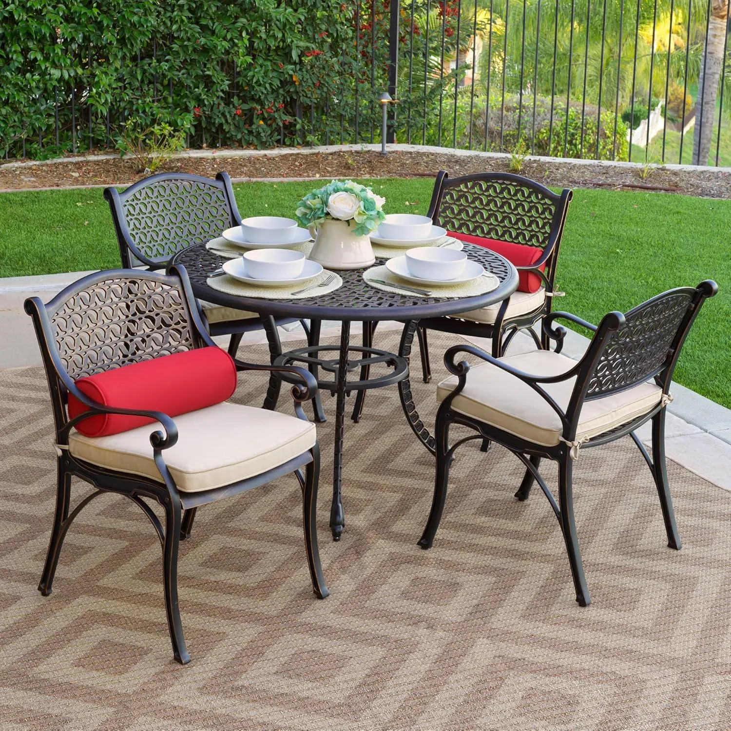 Kinger Home 5-Piece Cast Aluminum Outdoor Dining Furniture Set for 4, Round Patio Table and Chairs for 4 with Cushions, Outdoor Furniture Set with Umbrella Hole, All-Weather Patio Dining Set