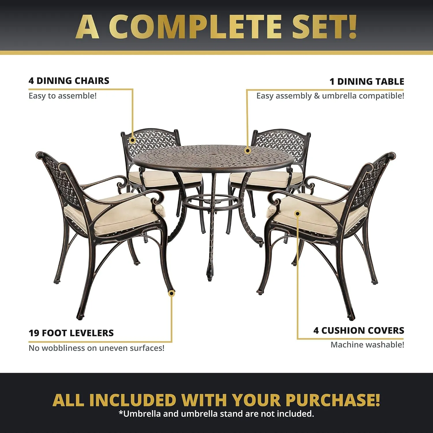 Kinger Home 5-Piece Cast Aluminum Outdoor Dining Furniture Set for 4, Round Patio Table and Chairs for 4 with Cushions, Outdoor Furniture Set with Umbrella Hole, All-Weather Patio Dining Set