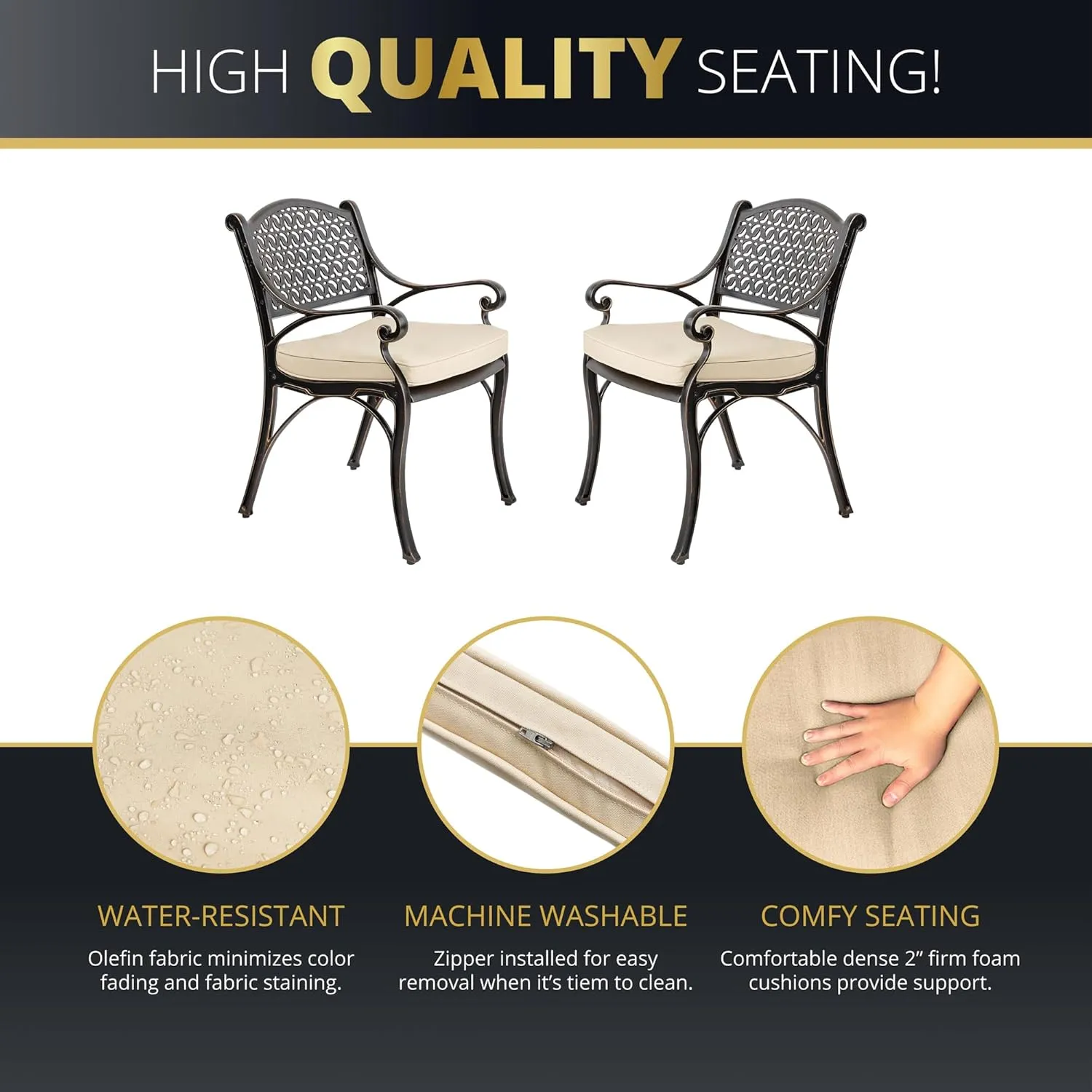 Kinger Home 5-Piece Cast Aluminum Outdoor Dining Furniture Set for 4, Round Patio Table and Chairs for 4 with Cushions, Outdoor Furniture Set with Umbrella Hole, All-Weather Patio Dining Set