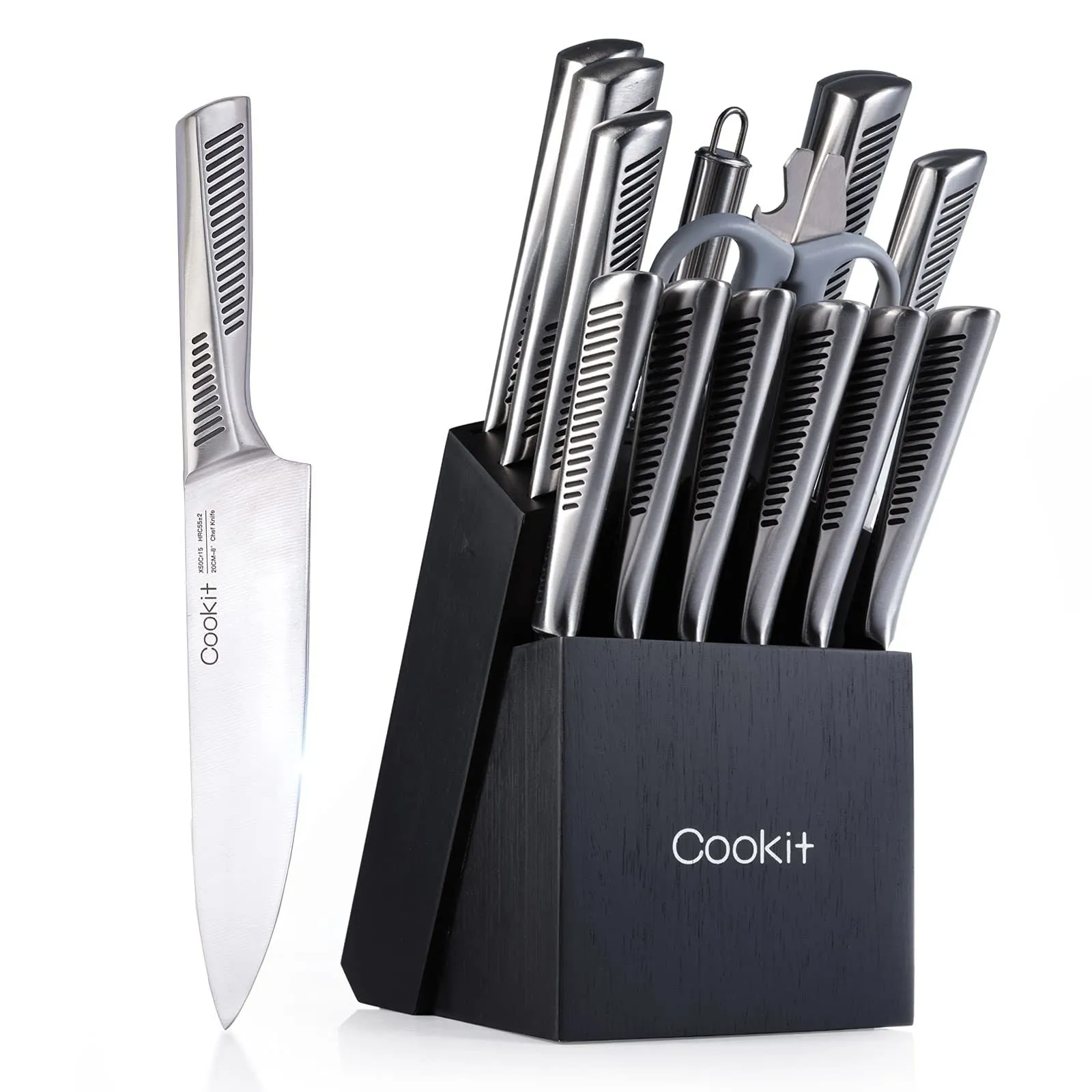 Kitchen Knife Set; 15 Piece Knife Sets with Block; Chef Knives with Non-Slip German Stainless