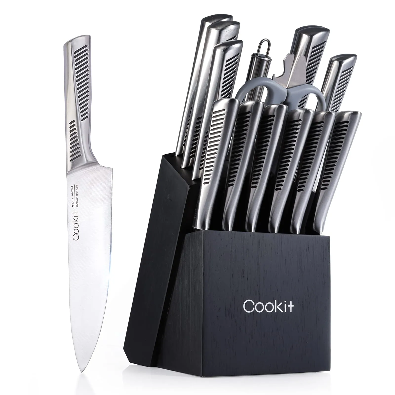 Kitchen Knife Set; 15 Piece Knife Sets with Block; Chef Knives with Non-Slip German Stainless