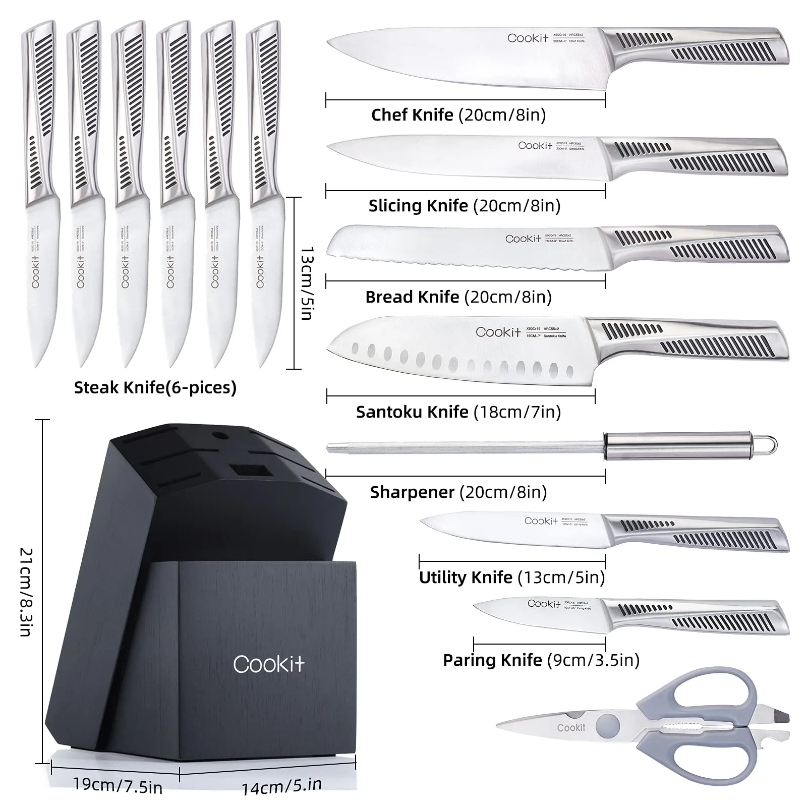Kitchen Knife Set; 15 Piece Knife Sets with Block; Chef Knives with Non-Slip German Stainless