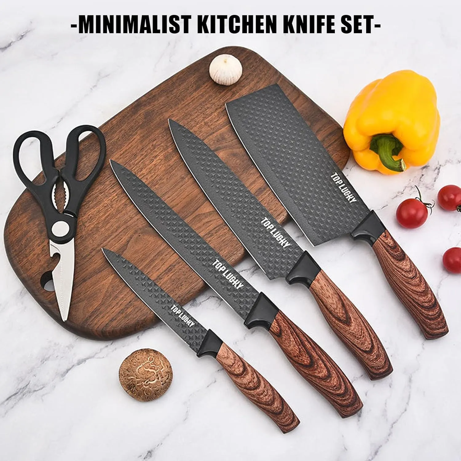 Kitchen Knife Set, 6-Piece Black Cooking Knife Set with Star Grain Blade, Sharp Stainless Steel Chef Knife Set Contains Round Knife Storage, Knives, Scissors for Home Kitchen (Wood Grain)