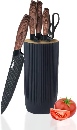 Kitchen Knife Set, 6-Piece Black Cooking Knife Set with Star Grain Blade, Sharp Stainless Steel Chef Knife Set Contains Round Knife Storage, Knives, Scissors for Home Kitchen (Wood Grain)