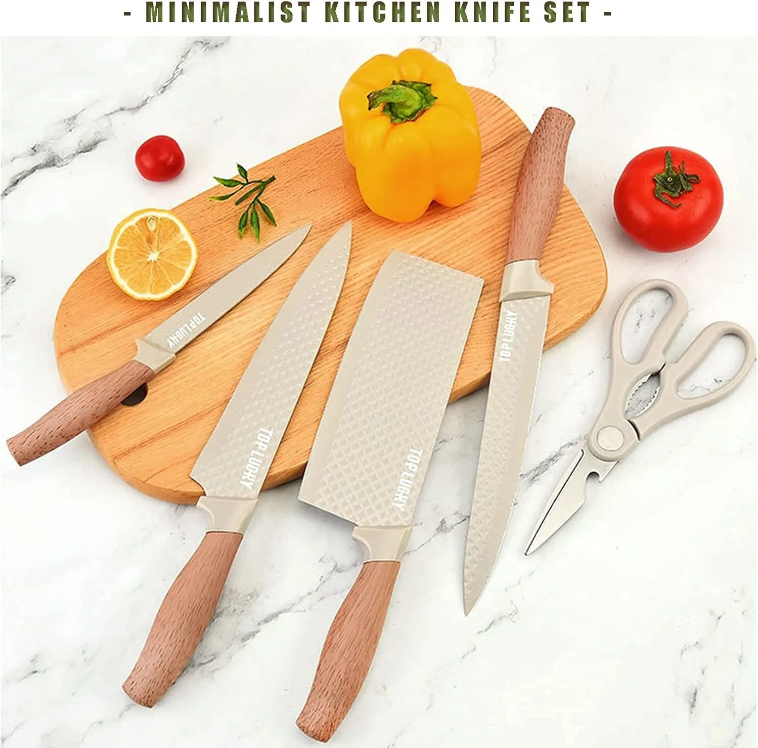 Kitchen Knife Set, 6-Piece Khaki Cooking Knife Set with Star Grain Blade, Sharp Stainless Steel Chef Knife Set Contains Round Knife Storage, Knives, Scissors for Home Kitchen (Khaki)