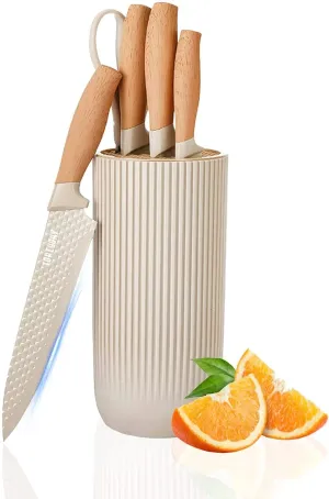 Kitchen Knife Set, 6-Piece Khaki Cooking Knife Set with Star Grain Blade, Sharp Stainless Steel Chef Knife Set Contains Round Knife Storage, Knives, Scissors for Home Kitchen (Khaki)