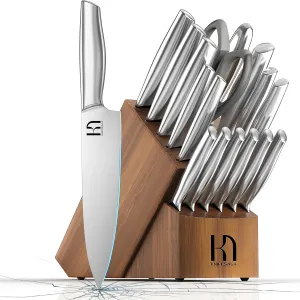 Kitchen Knife Set with Block 17 Pcs, Knife Block Set, Japanese High Carbon Stainless Steel Knives Set for Kitchen with Sharpener, Razor Sharp Premium Block Knife Sets