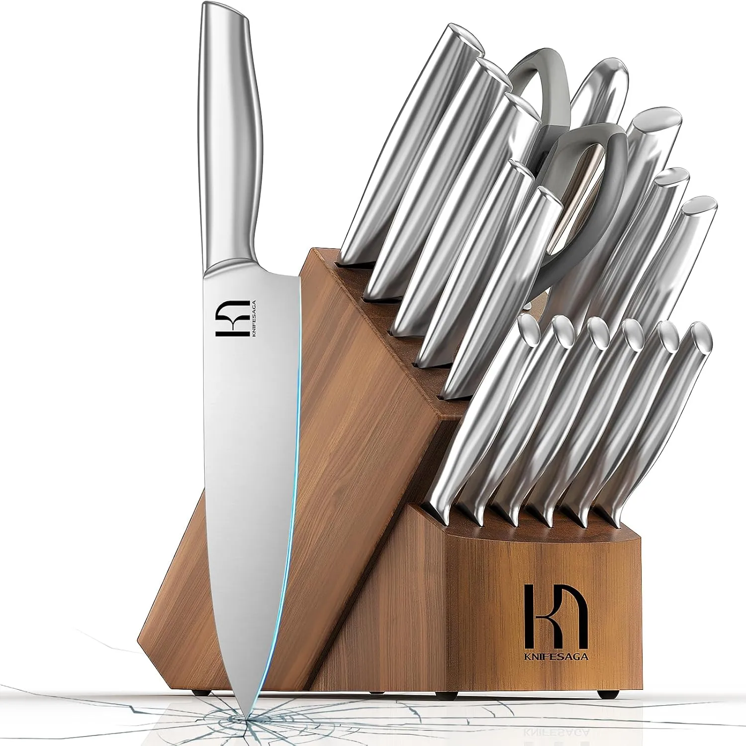 Kitchen Knife Set with Block 17 Pcs, Knife Block Set, Japanese High Carbon Stainless Steel Knives Set for Kitchen with Sharpener, Razor Sharp Premium Block Knife Sets