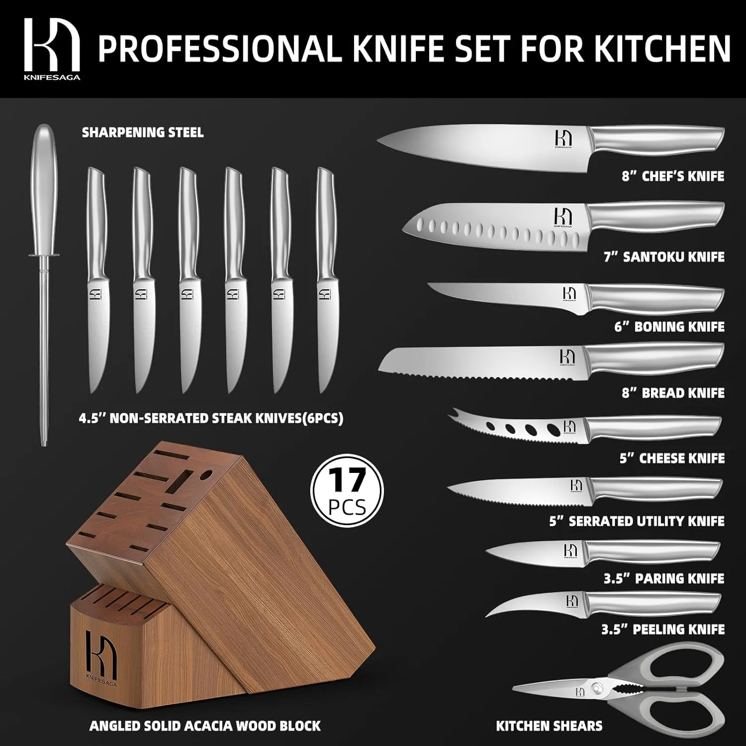 Kitchen Knife Set with Block 17 Pcs, Knife Block Set, Japanese High Carbon Stainless Steel Knives Set for Kitchen with Sharpener, Razor Sharp Premium Block Knife Sets