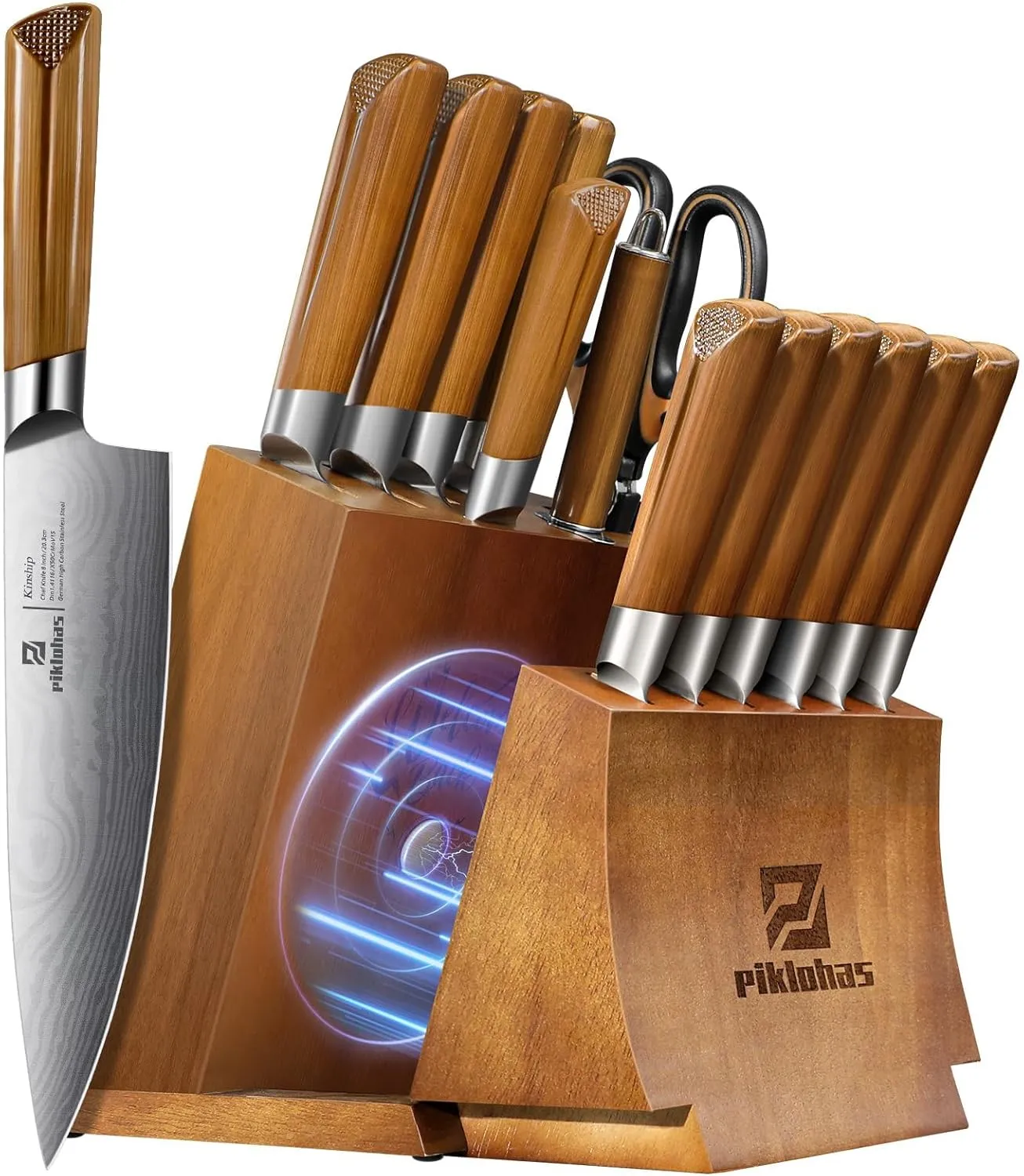 Kitchen Knife Sets With Block, Piklohas 15 Pieces Knife Sets With Magnetic Detachable Knife Holder, High Carbon Steel Damascus Pattern Chef Knife Set With Steak Knives, Ideal For House Warming Gift