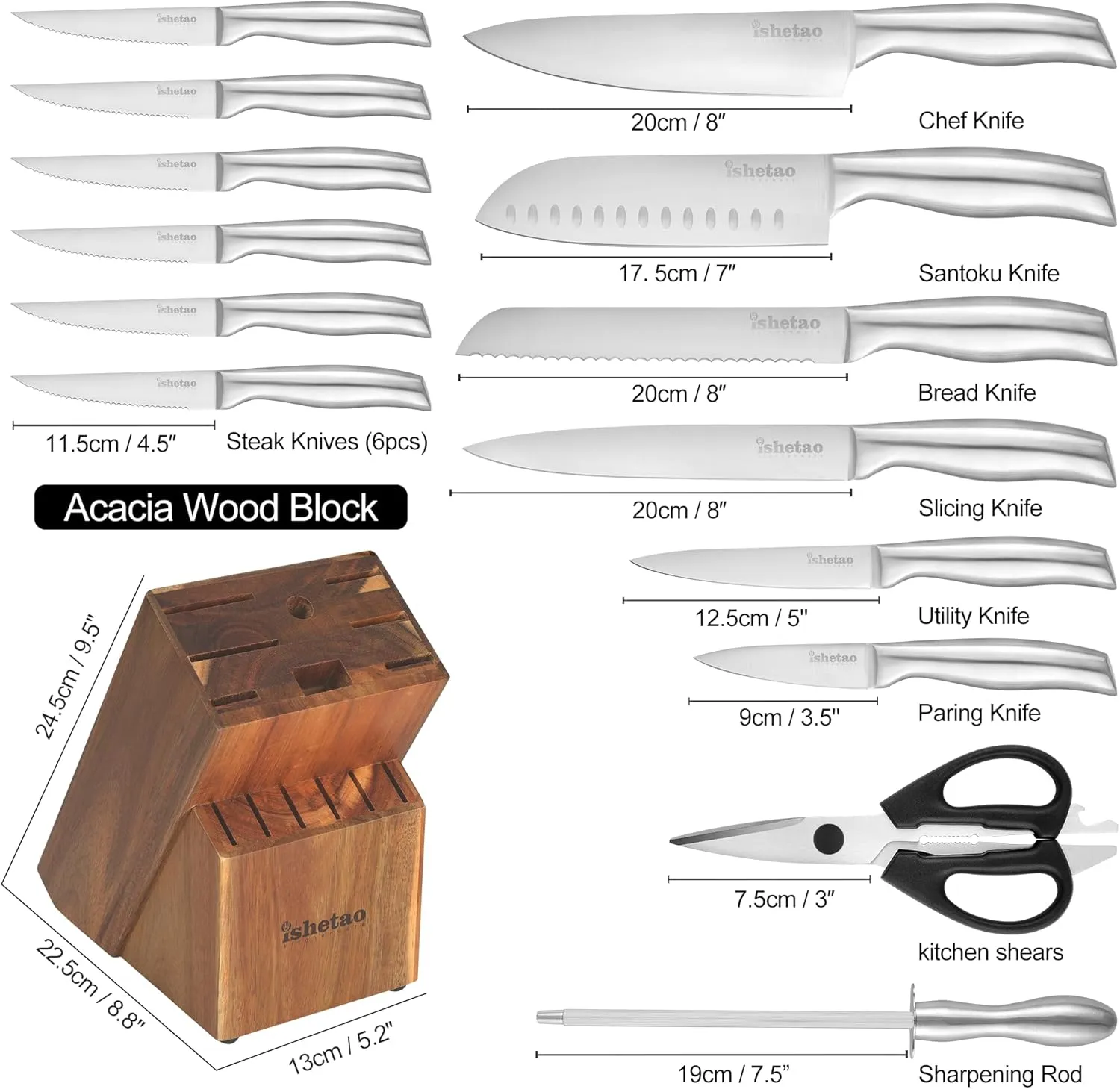 Knife Sets for Kitchen with Block, 15 Piece Kitchen Knife Set, Ultra Sharp Chef Knife Set for Kitchen, High Carbon Stainless Steel Knife Block Set with Sharpener, Silver