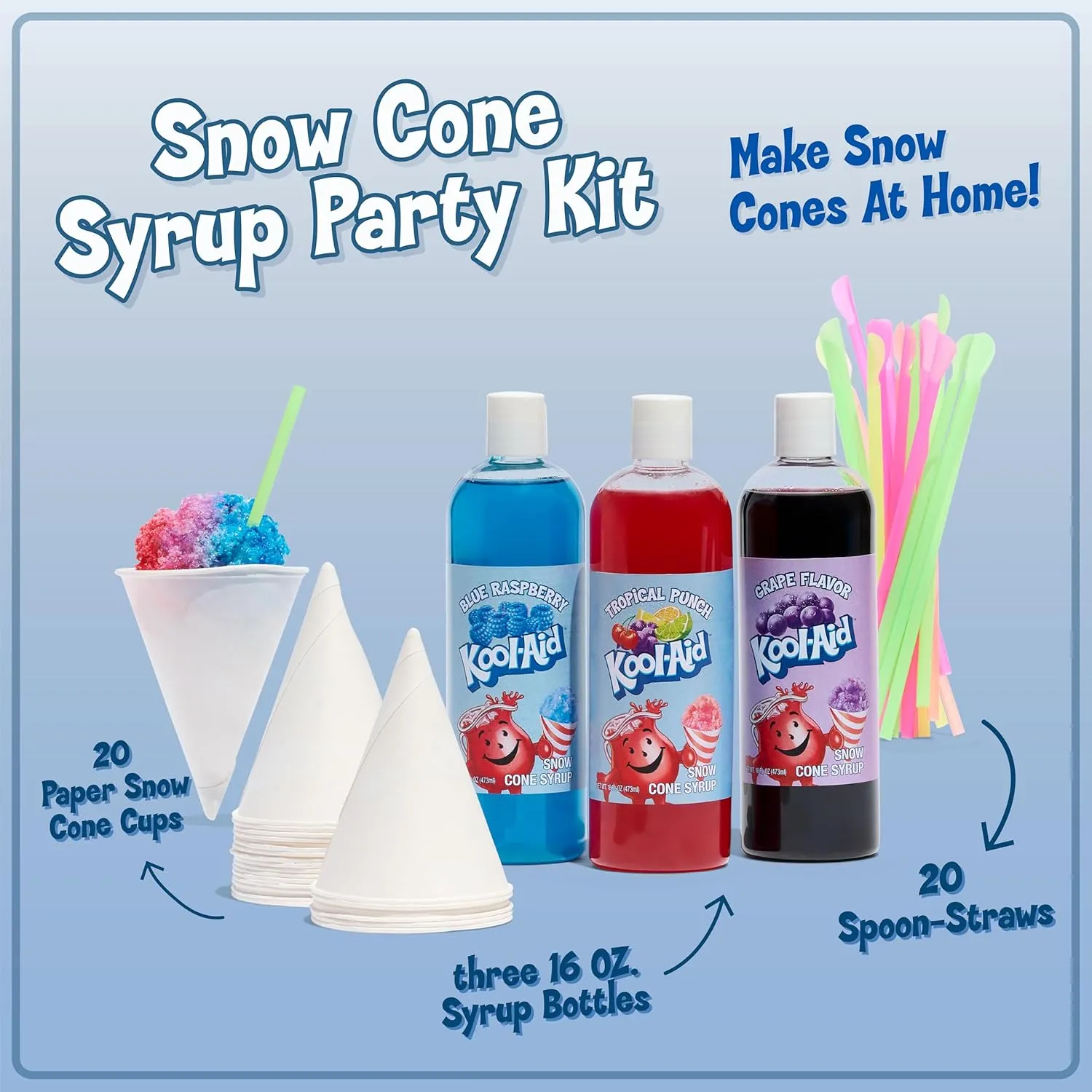 Kool-Aid Snow Cone Syrup Party Kit, Shaved Ice, Comes With Straws, Cups, Spoons, Flavors Of Tropical Punch, Grape, Blue Raspberry, Fun For Kids, Celebrations, Gifting, Multicolor