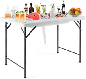 KOTEK Folding Ice Cooler Table with Drain and Skirt, Foldable Beverage Cooler Table Buffet Salad Cooler Server with Edge, Portable Chill Table for Party, Wedding, Picnic, Camping
