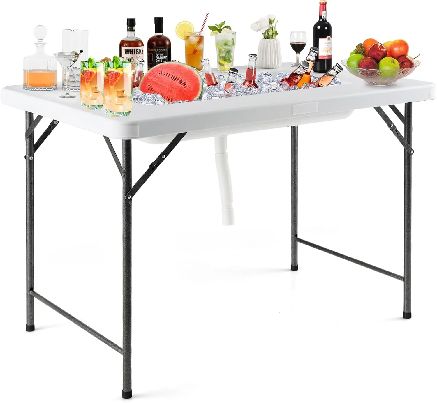 KOTEK Folding Ice Cooler Table with Drain and Skirt, Foldable Beverage Cooler Table Buffet Salad Cooler Server with Edge, Portable Chill Table for Party, Wedding, Picnic, Camping