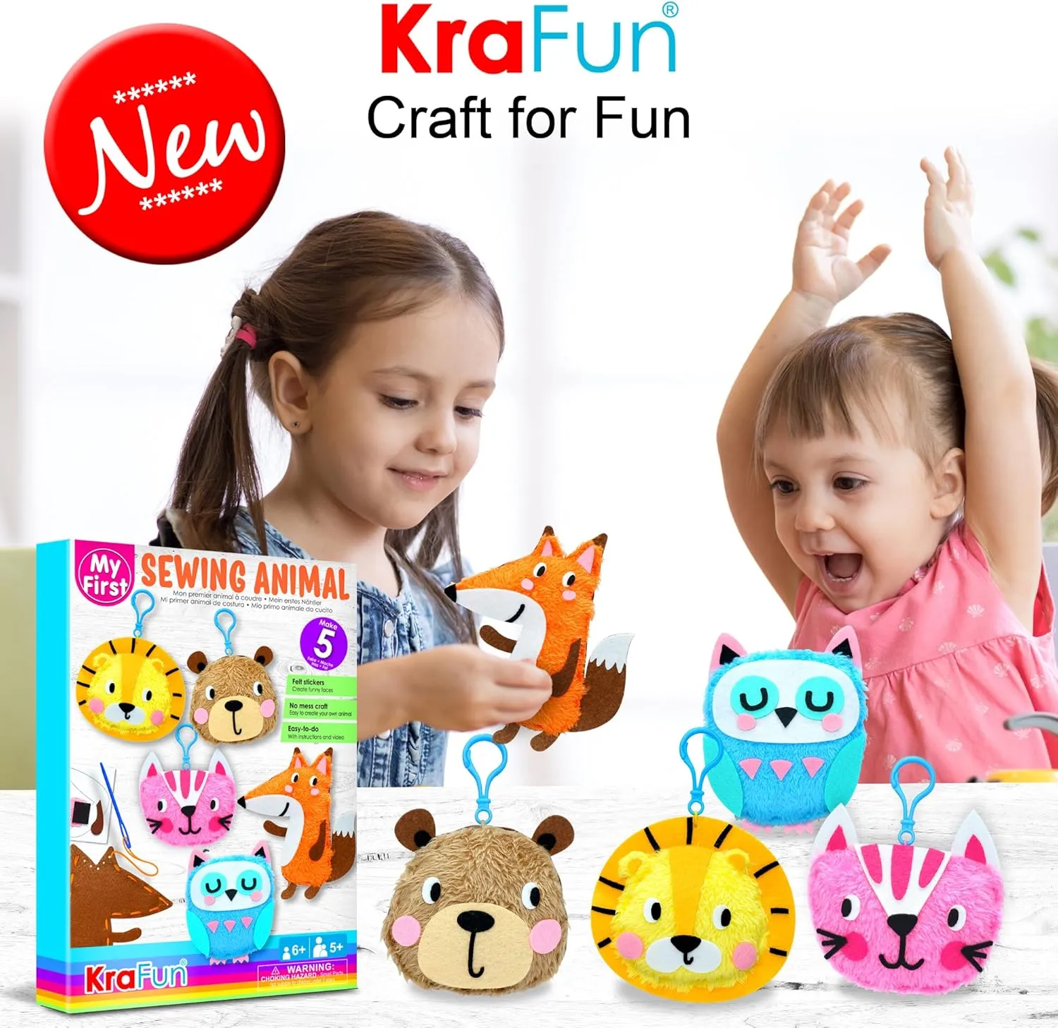 KRAFUN My First Sewing Animal for Kids, Beginner Art & Craft, 5 Easy Activities Stuffed Animal Dolls, Keyring Charms, Instructions & Felt Materials for Learn to Sew, Embroidery