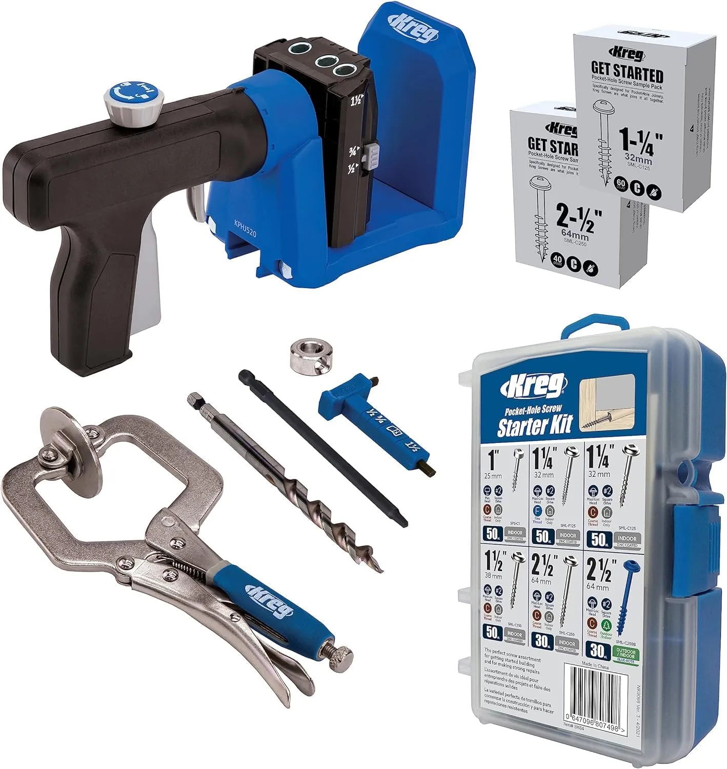 Kreg Pocket-Hole Jig 520PRO with Starter Screw Kit - Easy Clamping & Adjusting - Includes 360-Degree Rotating Handle - with 260 Pocket-Hole Screws - for Materials 1/2" to 1 1/2" Thick