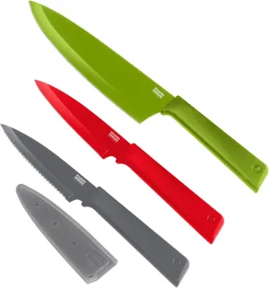 Kuhn Rikon COLORI  Mixed Knife Set with Non-Stick Coating and Safety Sheaths, Set of 3, Green, Red and Dark Grey