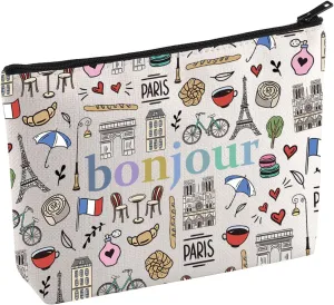 KUIYAI Bonjour Cosmetic Bag France Vacation Makeup Bag French Saying Gift Paris Lovers Gift Weekend Trip Gift France Souvenir Gift For Traveler (Bonjour Mup)