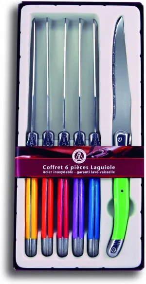 Laguiole Evolution Ultra Sharp Stainless Steel Gourmet Steak Knives Set of 6 | Triple Rivet Knife Cutlery Set, Multicolored ABS Handle, 4.5 Inch Blade