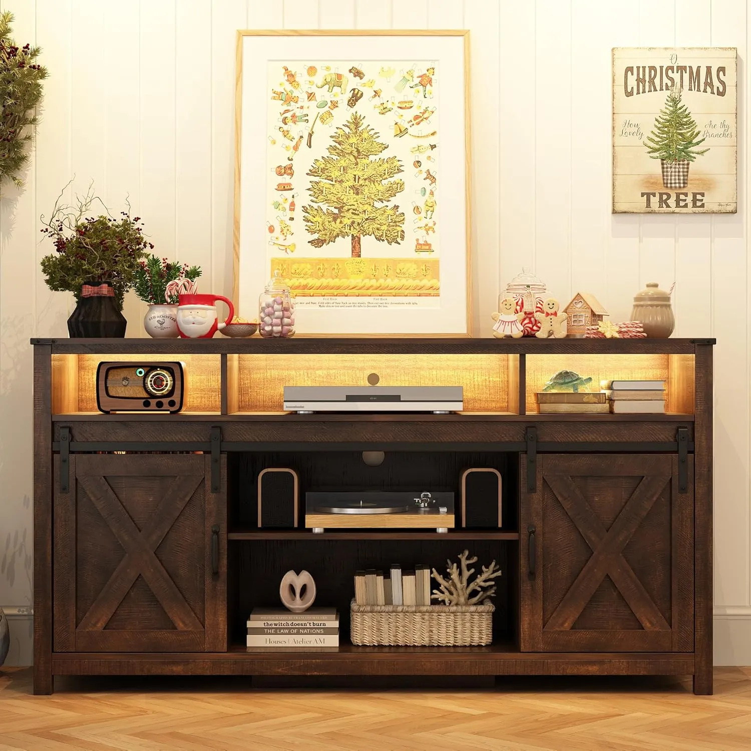 LED Farmhouse TV Stand for 70/65/60inch TV with Power Outlets, 32" Tall Modern TV Stands for Living Room,TV Entertainment Center with Sliding Barn Door,Sideboard Cabinet(Brown)