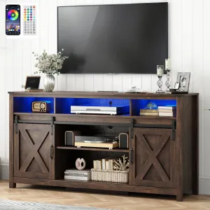 LED Farmhouse TV Stand for 70/65/60inch TV with Power Outlets, 32" Tall Modern TV Stands for Living Room,TV Entertainment Center with Sliding Barn Door,Sideboard Cabinet(Brown)