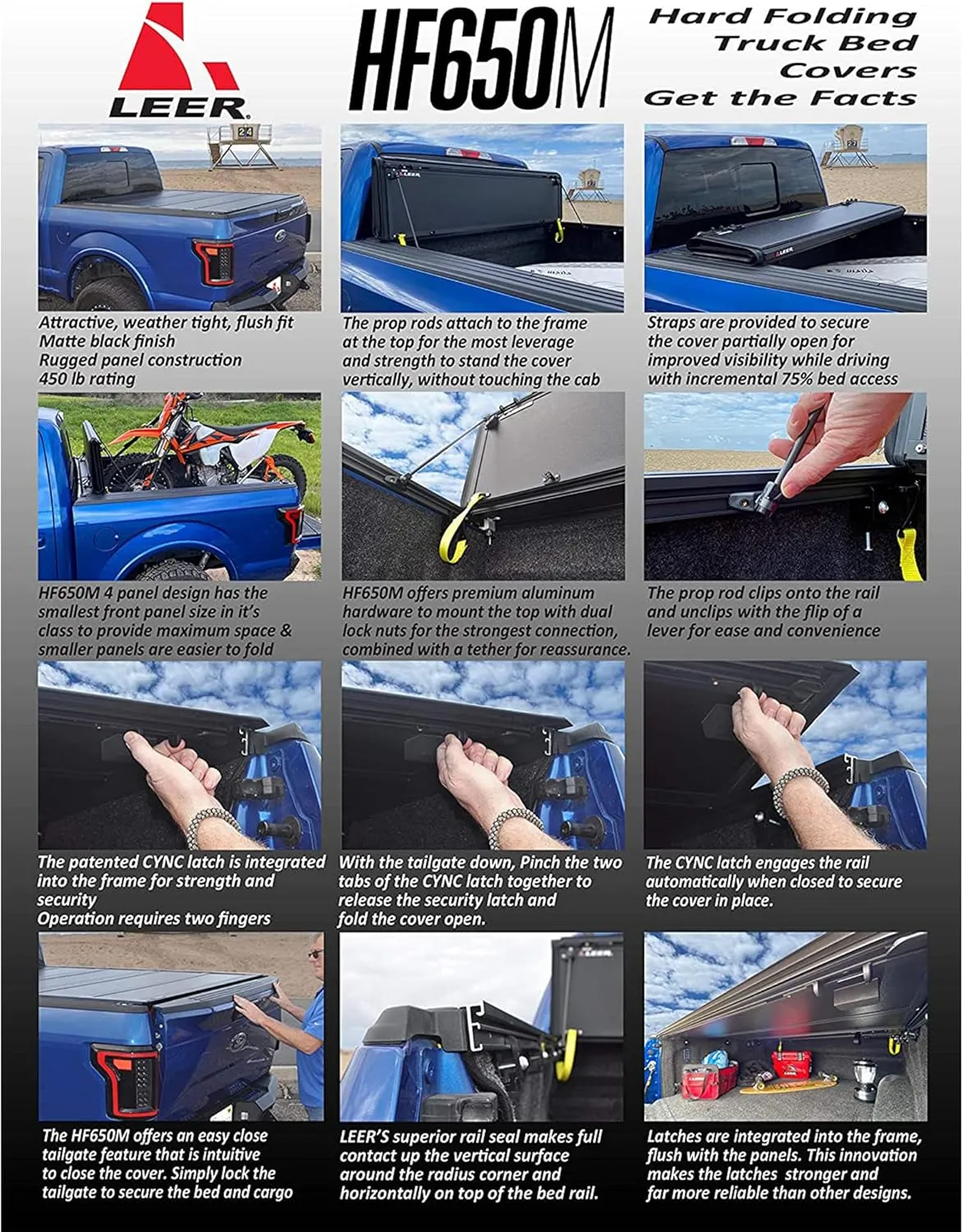 LEER HF650M Quad-Folding Truck Bed Tonneau Cover, Fits Chevy Silverado and GMC Sierra, Years 2019-2024, 5'8" Truck Bed, Black
