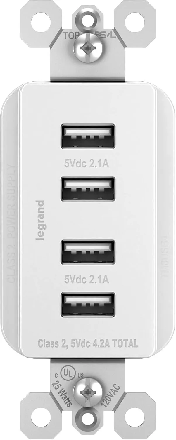 Legrand radiant TM8USB4WCCV4 Decorator Outlet Quad USB Charger, 4.2 Amp Multi Port Charging Station, White (1 Count)