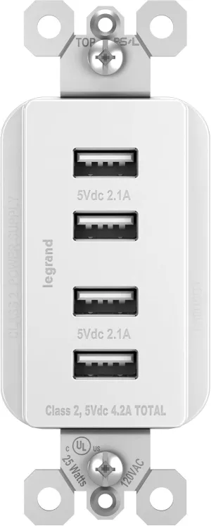Legrand radiant TM8USB4WCCV4 Decorator Outlet Quad USB Charger, 4.2 Amp Multi Port Charging Station, White (1 Count)