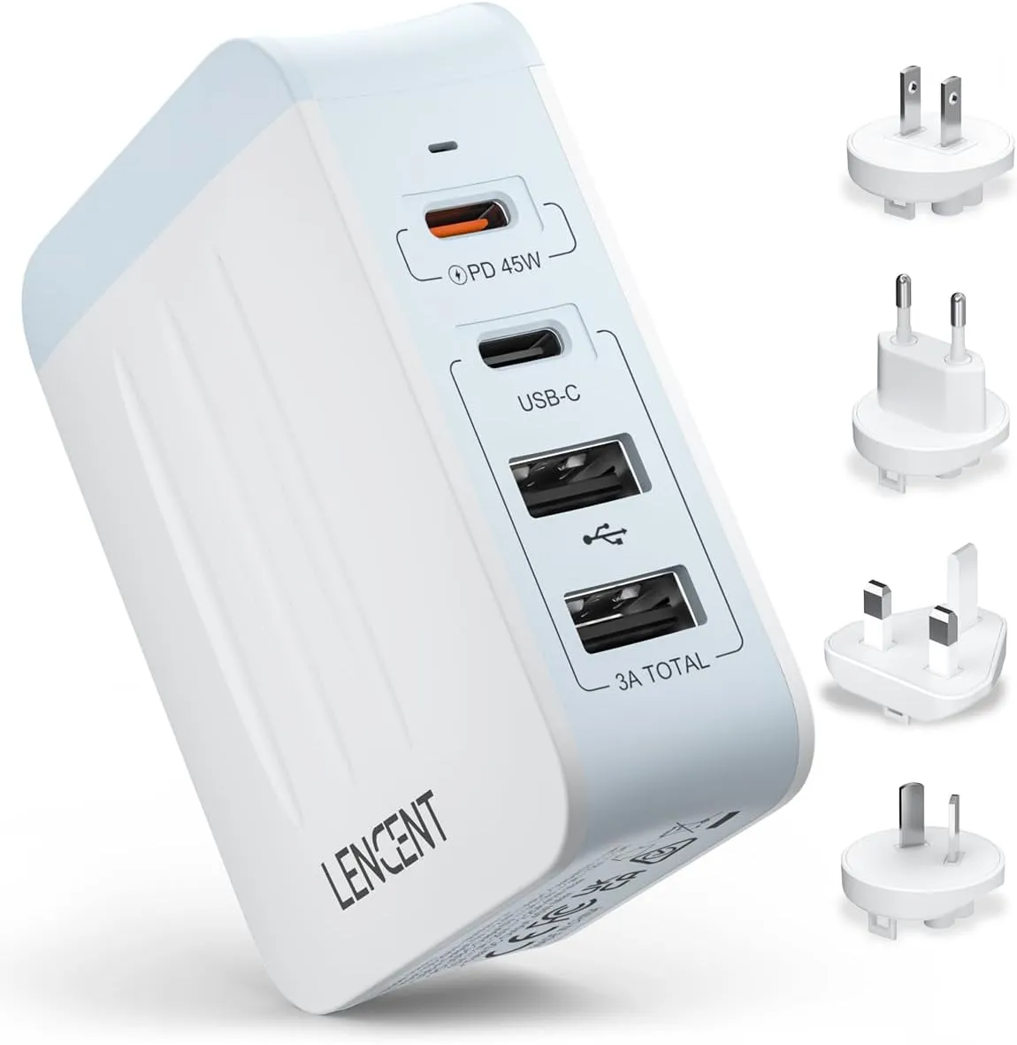 LENCENT 45W Multiple USB Wall Charger, International Cell Phone Charger with 2 PD Type-C 2 USB, Fast Charger Block for All iPad iPhone 15 14 13 12 Pro Max Pixel Note Galaxy, USA/UK/EU/AUS