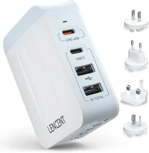 LENCENT 45W Multiple USB Wall Charger, International Cell Phone Charger with 2 PD Type-C 2 USB, Fast Charger Block for All iPad iPhone 15 14 13 12 Pro Max Pixel Note Galaxy, USA/UK/EU/AUS