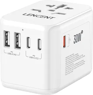 LENCENT Universal Travel Adapter, GaN III 30W International Charger with 2 USB&3 Type-C PD Fast Charging Ports, Worldwide Plug Adaptor for iPhone, Laptops, Type A/C/G/I (USA/UK/EU/AUS), White