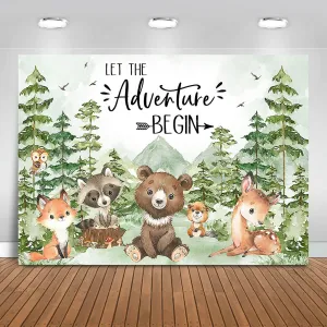 Let The Adventure Begin Baby Shower Backdrop 7x5ft Woodland Animals Baby Shower Background Party Decorations for Boy Mountain Forest Banner Photo Booth Props
