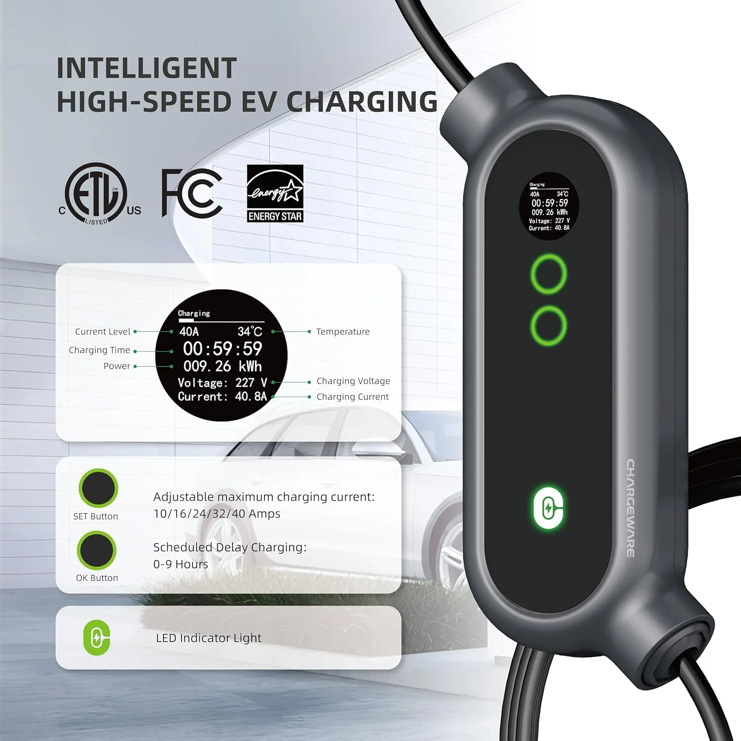 Level 2 240V/40A Fast EV Charger, ETL/FCC/Energy Star Certified, 24ft Cable, Wall Mount and Portable, 14-50R to 5-15P Adapter, LCD Screen, Indoor/Outdoor Charging Station, Dark Gray