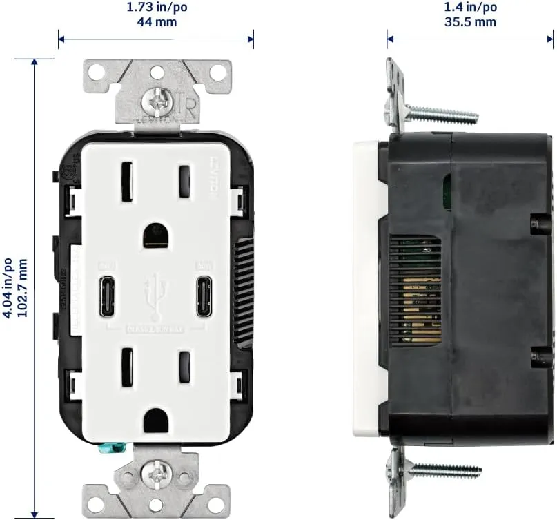 Leviton T5635-W 30W (6A) USB Dual Type-C/C Power Delivery In-Wall Charger with 15A Tamper-Resistant Outlet, USB Charger for Smartphones, Tablets, Laptops, White
