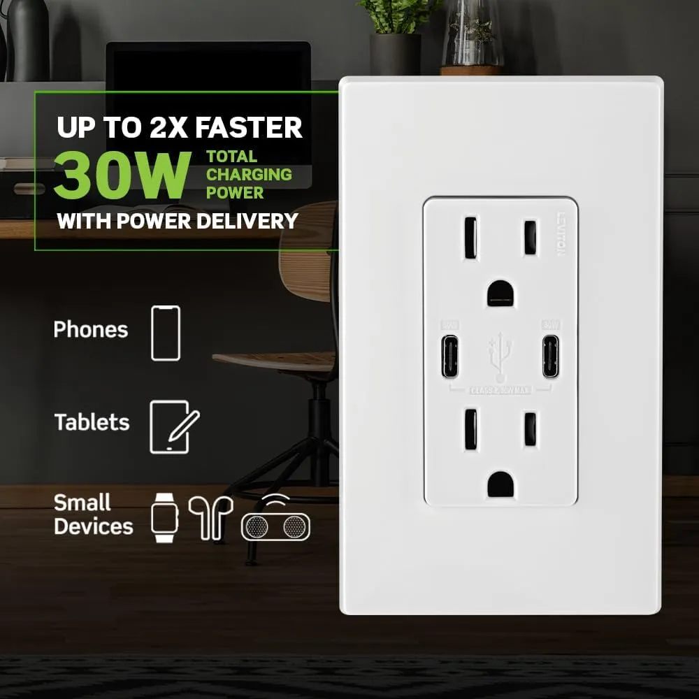 Leviton T5635-W 30W (6A) USB Dual Type-C/C Power Delivery In-Wall Charger with 15A Tamper-Resistant Outlet, USB Charger for Smartphones, Tablets, Laptops, White