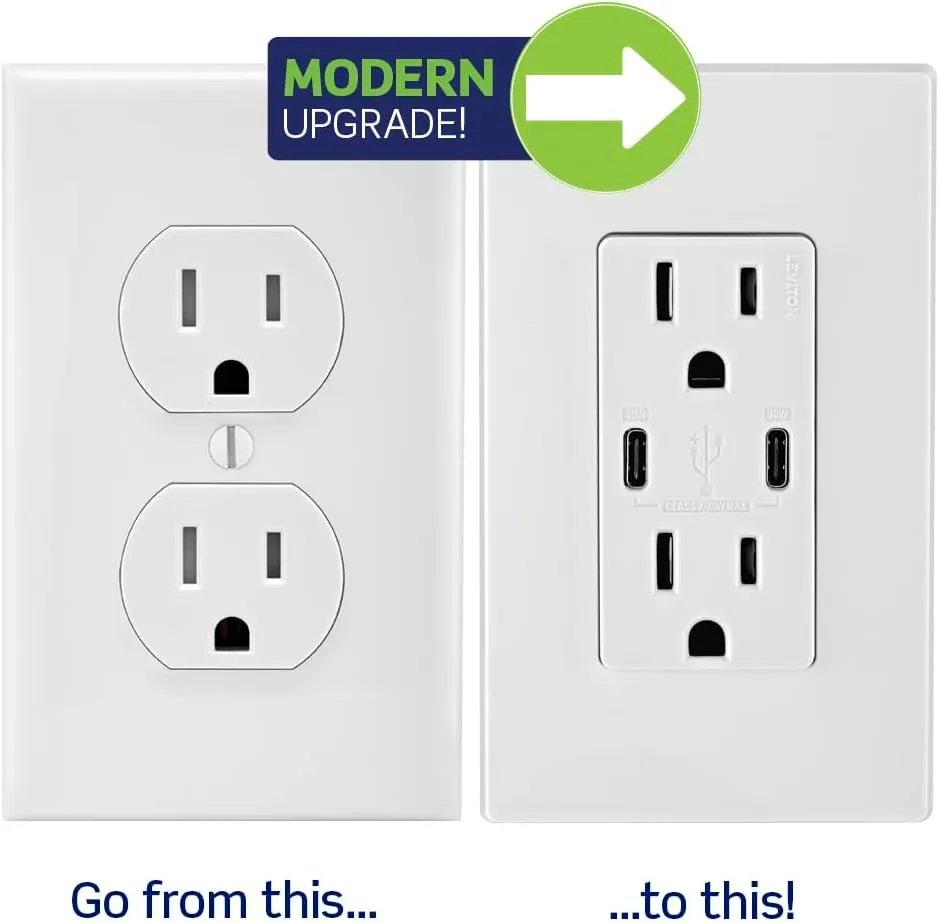 Leviton T5635-W 30W (6A) USB Dual Type-C/C Power Delivery In-Wall Charger with 15A Tamper-Resistant Outlet, USB Charger for Smartphones, Tablets, Laptops, White
