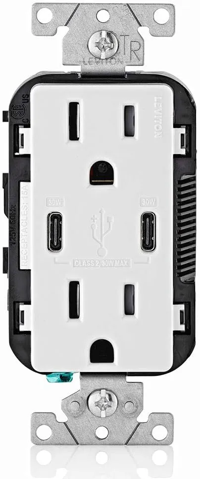 Leviton T5635-W 30W (6A) USB Dual Type-C/C Power Delivery In-Wall Charger with 15A Tamper-Resistant Outlet, USB Charger for Smartphones, Tablets, Laptops, White