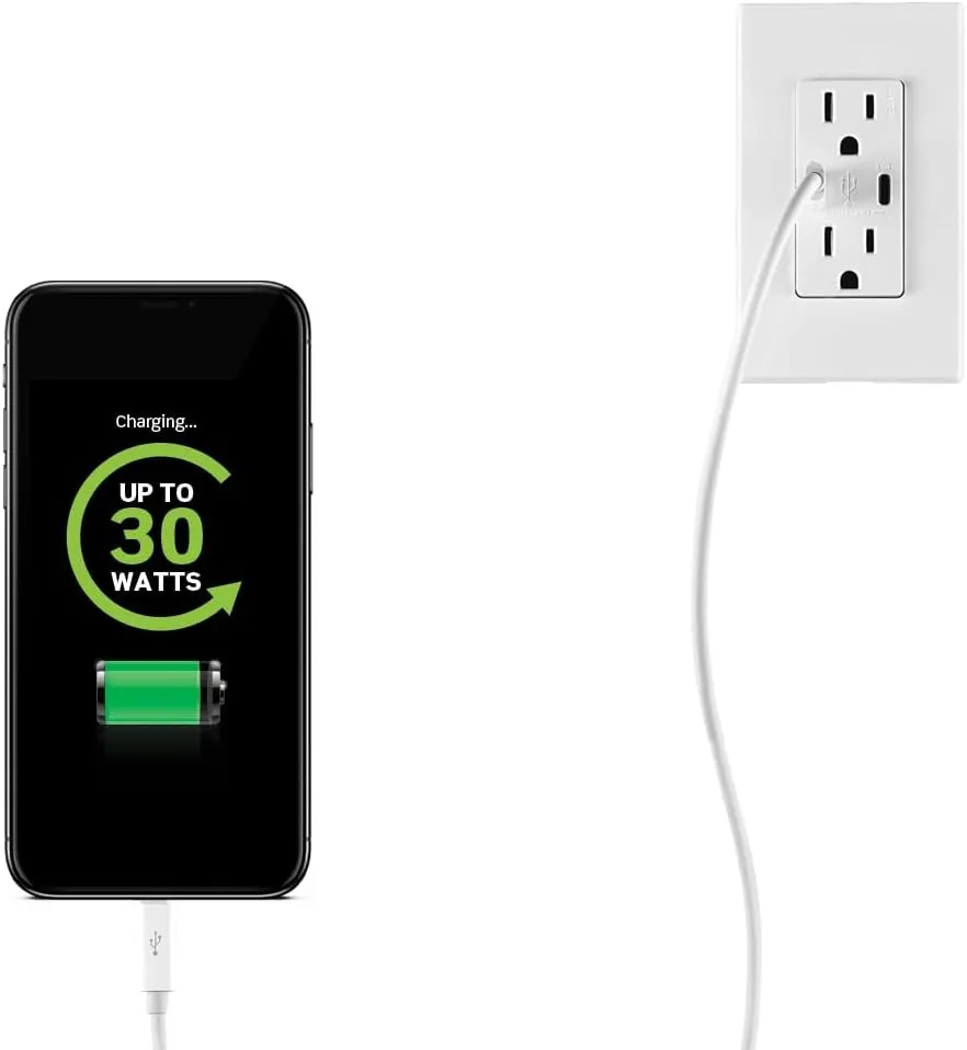 Leviton T5635-W 30W (6A) USB Dual Type-C/C Power Delivery In-Wall Charger with 15A Tamper-Resistant Outlet, USB Charger for Smartphones, Tablets, Laptops, White