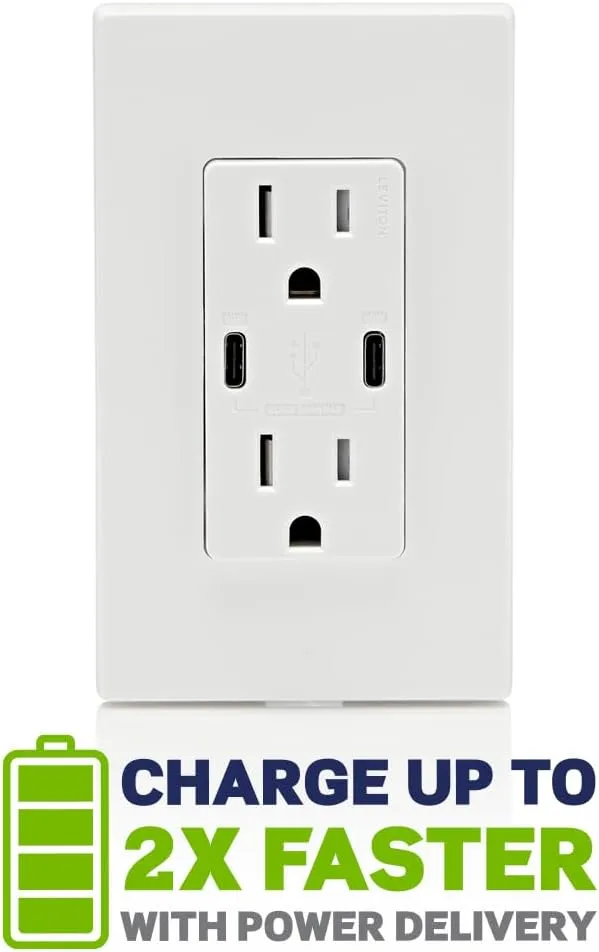 Leviton T5635-W 30W (6A) USB Dual Type-C/C Power Delivery In-Wall Charger with 15A Tamper-Resistant Outlet, USB Charger for Smartphones, Tablets, Laptops, White